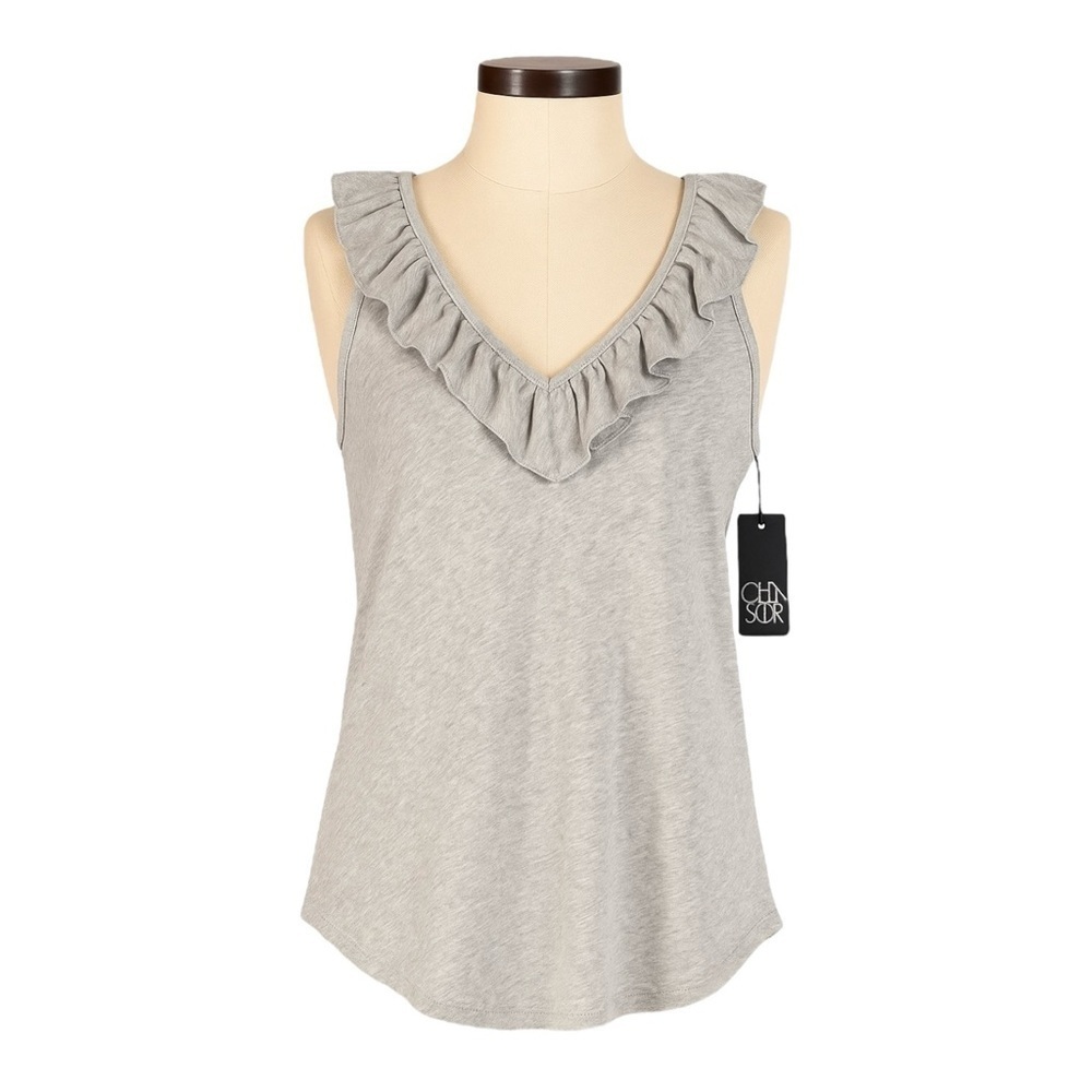 Chaser Gray Jersey Ruffle Double V Shirttail Tank Top Women’s M NWT